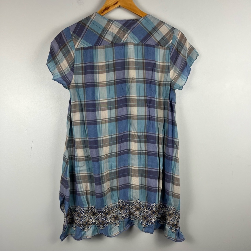 Johnny Was Workshop blue grey plaid embroidered tunic short sleeve top size XS - Picture 4 of 4